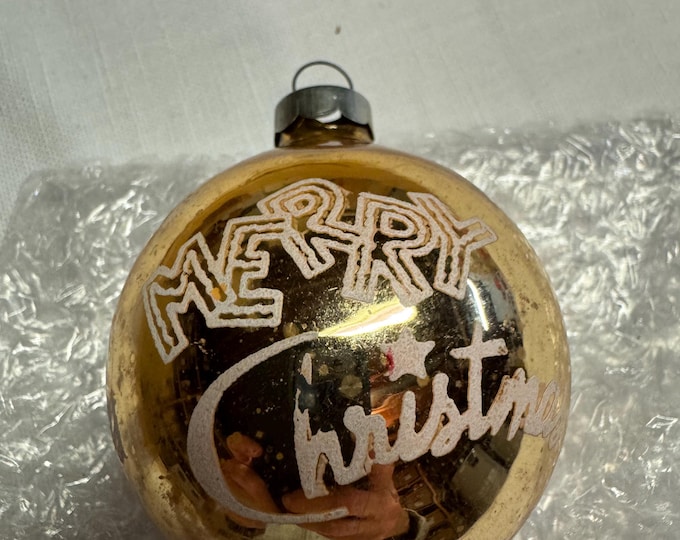 Vintage Gold with Merry Christmas ornament: Franke Ornament 3.5 inches, 1950, unmarked cap