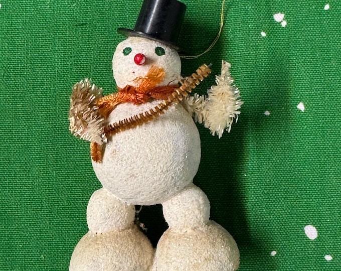 Vintage White Putz Snowman Ornament: Cotton Face, Marked Japan