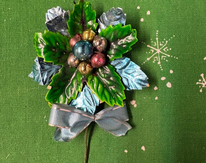Vintage Aqua Mercury Bead Flower Corsage Tie, Lacquered Holly Leaves, Made in Japan
