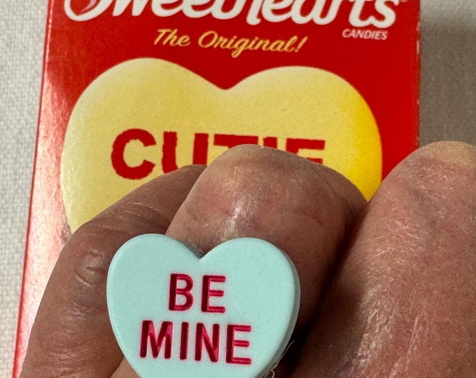 Handcrafted Blue Be Mine Conversation Heart Candy Ring: New materials, foodie rings