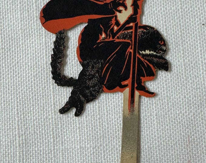 Vintage 1920s Dennison Halloween Witch on Broom Cupcake Topper