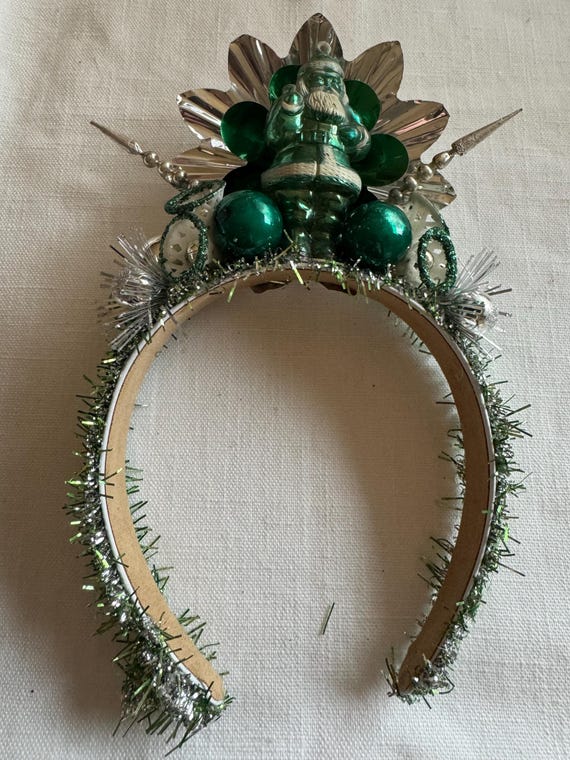 Handcrafted Green Santa Christmas Headband: Vintage Reflectors & Ornaments