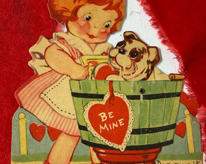 Vintage Girl and Dog Getting a Bathe Movable Valentine: 1950, USA