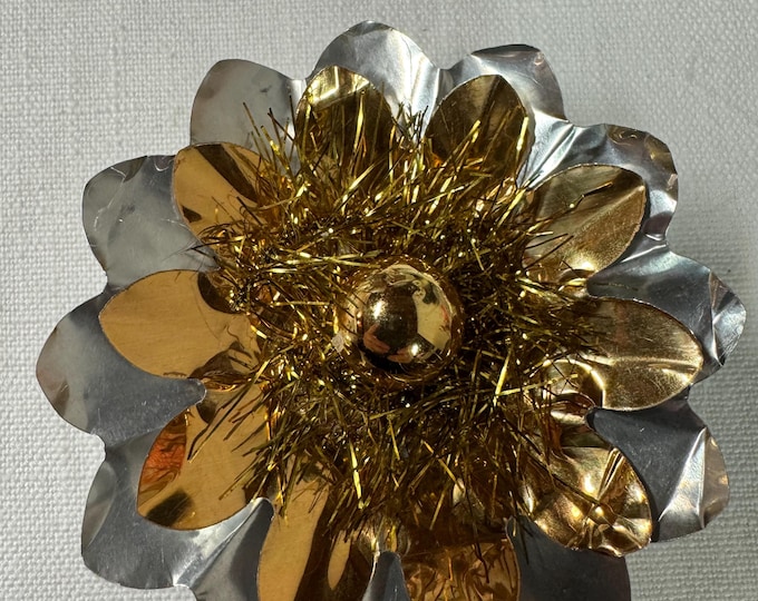 Handmade Vintage Silver & Gold Christmas Reflector Clip: Mercury Glass Ornament, Tinsel, 3 1/4"