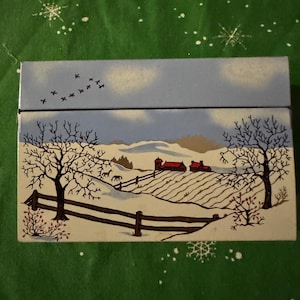 Vintage Syndicate Manufacturing Winter Scene Card List of metalen receptdoos