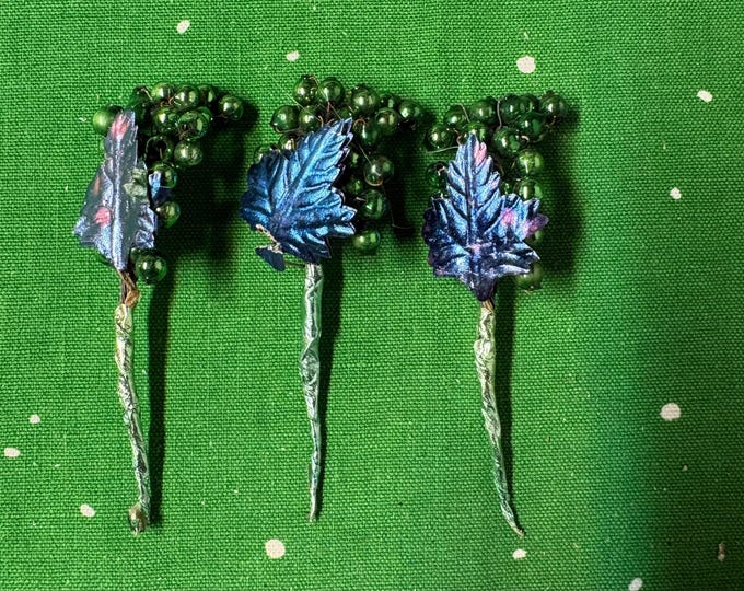 3 Vintage Green Mercury Bead and Leaves Corsage and Package Picks: 4” Japan