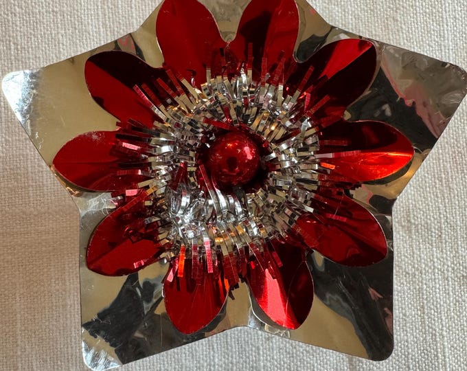 Handmade Vintage Silver & Red Christmas Star Reflector Clip: Mercury Glass Ornament, Tinsel, 4"