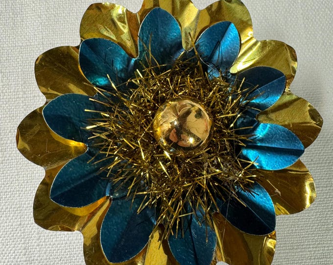 Handmade Vintage Gold & Blue Christmas Reflector Clip: Mercury Glass Ornament, Tinsel, 3 1/4"