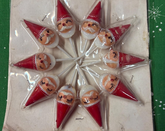 Vintage Shiny Brite Plastic Face Santa Party Picks Decorations, MCM, Hong Kong, 1967