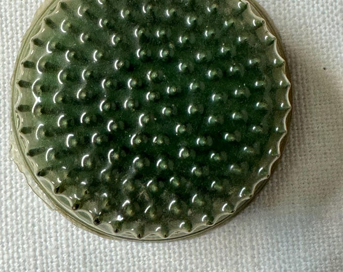 Vintage NOS Small Green Metal Round Flower Frog: 1950, 2 1/4 inches, Unmarked, Protective Cover