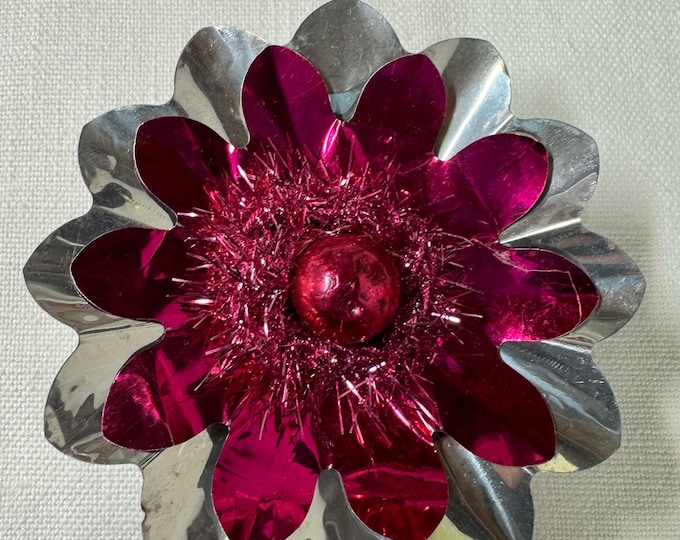 Handmade Vintage Silver & Fuschia Christmas Reflector Clip: Mercury Glass Ornament, Tinsel, 3 1/4"