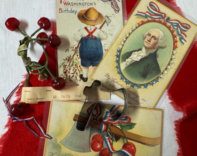 Vintage George Washington Birthday Bundle: Clapsaddle Postcards, Hatchet Cutter, German Cherries