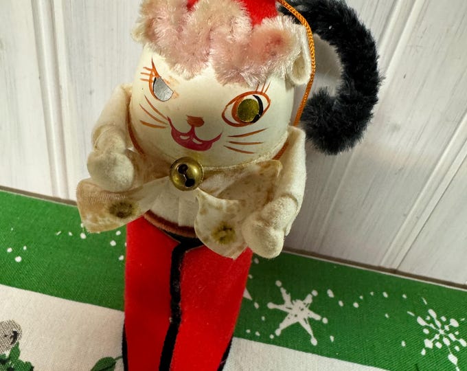Vintage Egg Face Cat Ornament: Red Boot, Japan