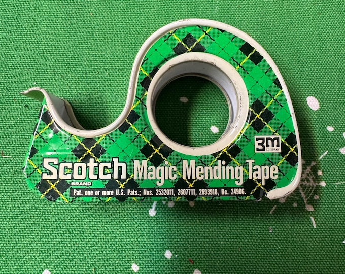 Vintage 3 M Scotch Green Plaid Magic Mending Tape Dispenser, Made in USA, 1950