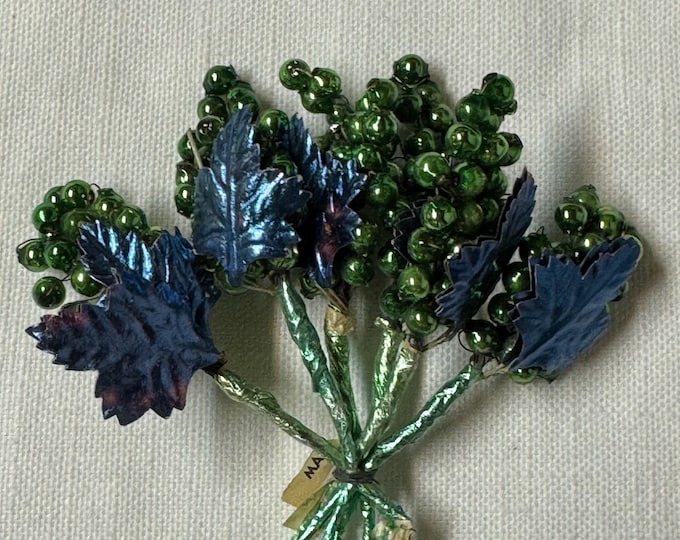 6 Vintage Green Mercury Bead and Blue Leaves Corsage and Package Picks: 4” Japan