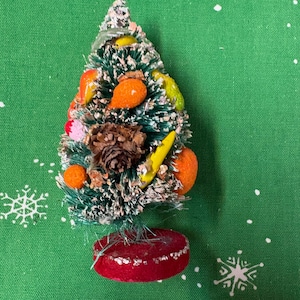 Vintage Small Decorated Holt Howard Bottle Brush Christmas Tree: Fruit, Red Glitter Base, Japan, 1950s