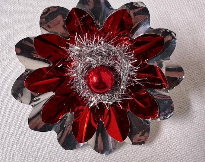 Handmade Vintage Silver & Red Christmas Reflector Clip: Mercury Glass Ornament, Tinsel, 3 1/4"
