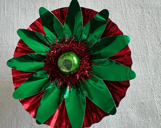 Handmade Vintage Green & Red Christmas Reflector Clip: Mercury Glass Ornament, Tinsel, 3 1/4"