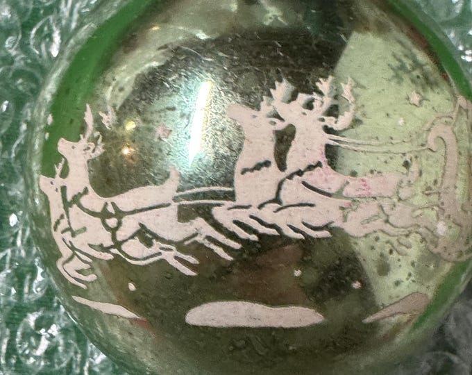 Vintage Shiny Brite Green Stenciled Santa and His Reindeer Ornament: 3 inches, 1948, 10 cent cap, Made In USA