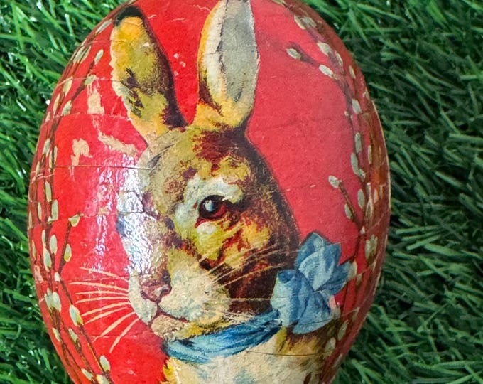 Vintage German Paper Mache Red Easter: 4.5" Rabbit Face & Pussy Willows, Unmarked, 1900