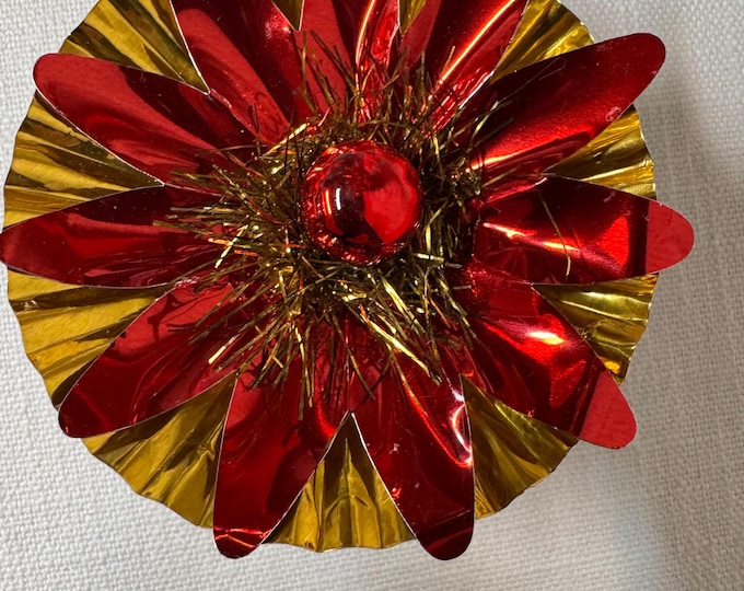 Handmade Vintage Gold & Red Christmas Reflector Clip: Mercury Glass Ornament, Tinsel, 3 1/4"