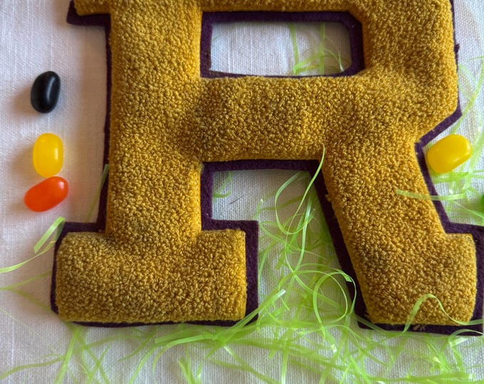 Vintage Yellow and Purple R Varsity Letter Patch: Standard Pennant Co, Dirty