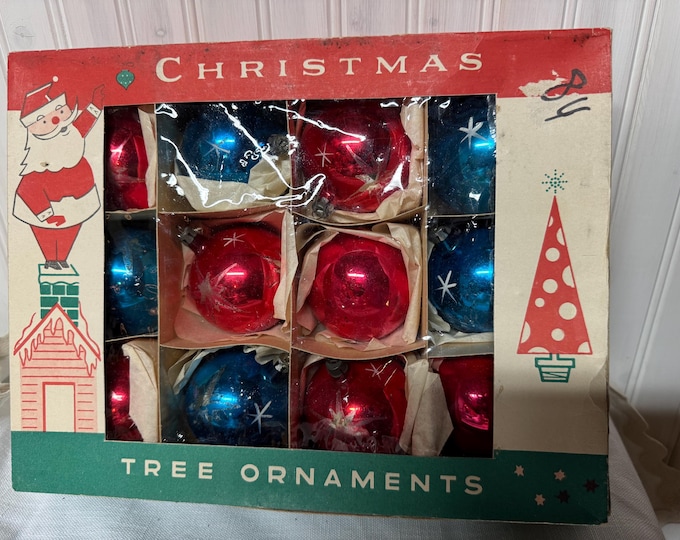 Vintage Fantasia Christmas Ball Ornaments: Red & Blue Glitter Stars, Poland (1 Dozen)