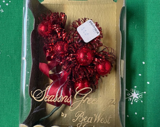 Vintage Bea West Red Christmas Corsage: 5 Starburst Flowers, Red Bow (Original Box), used