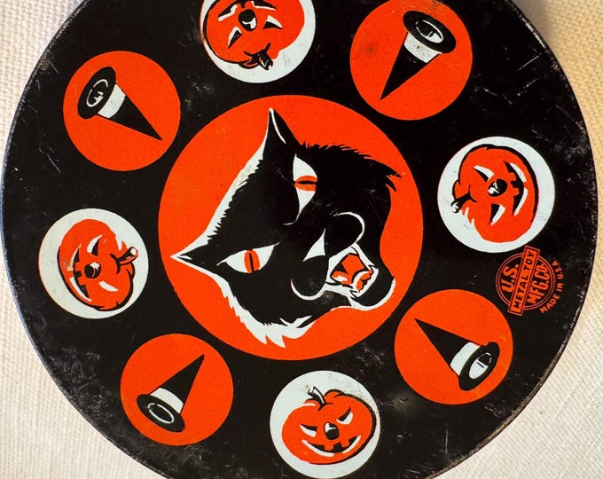 Vintage Halloween Noisemaker-Cat, Pumpkin, Witch Hat-US Metal Toy Mftg- Made in USA- 1950