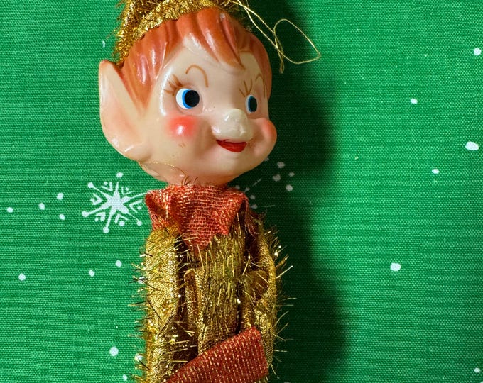 Vintage Red Head Elf Knee Hugger: Gold Fringy Lame Christmas Ornament (8.5 inches)