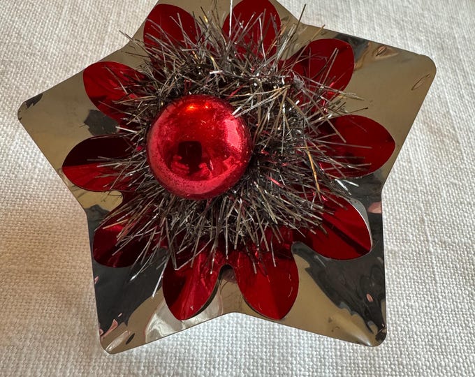 Handmade Vintage Silver & Red Star Christmas Reflector Clip: Mercury Glass Ornament, 4"