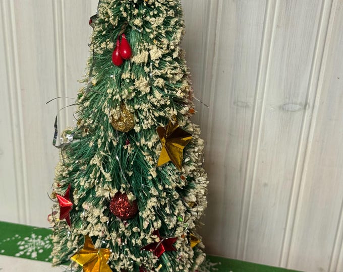 Vintage Green Decorated Bottle Brush Tree with a Red Base: White snow, berries, reflectors- 1950