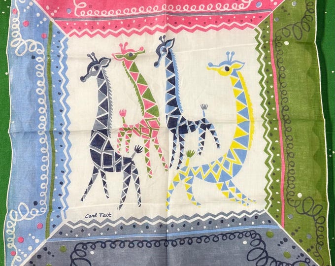 Vintage NOS Carl Tait Signed Giraffe Hankie, Linen, Original Ticker, 1950