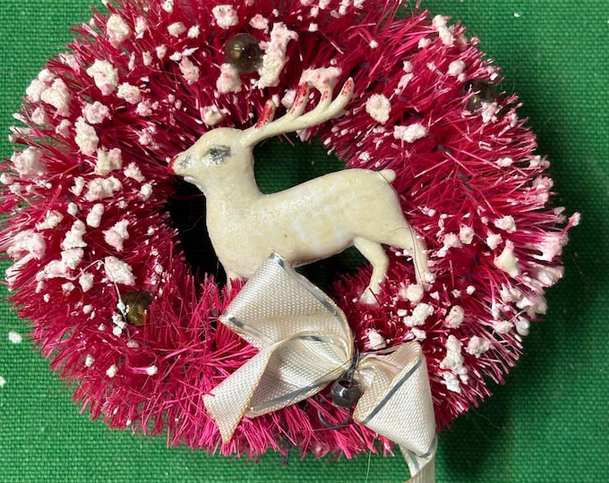 Vintage Hot Pink Bottle Brush Wreath with Reindeer:        3 1/2 “, 1950s, Japan
