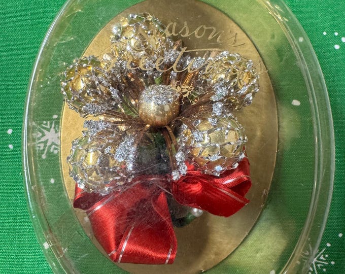 Vintage Gold Starburst Christmas Corsage in Original Box: Gold Netted Balls, Aluminum Gold Leaf, Farber Manufacturing