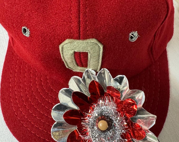 Vintage Ohio State Buckeye Silver & Red Christmas Reflector Clip: Mercury Glass Ornament, Tinsel, 3 1/4"