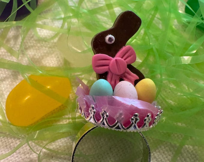 Handcrafted Faux Chocolate Bunny and Dyed Easter Eggs Ring: Handmade Jewelry