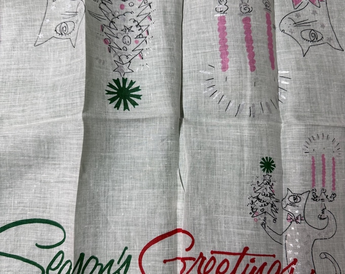 Vintage Christmas Welcher Seasons Greetings Anthropomorphic Cat Candles Tree Hankie, 1950
