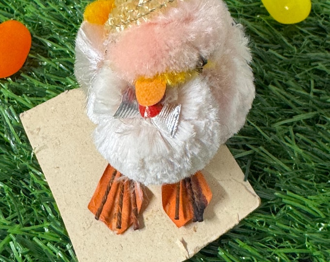 Vintage Chenille Chick Figurine: Japan, 1940s Orange Wire Feet, Silver Bowtie, Gold Hat