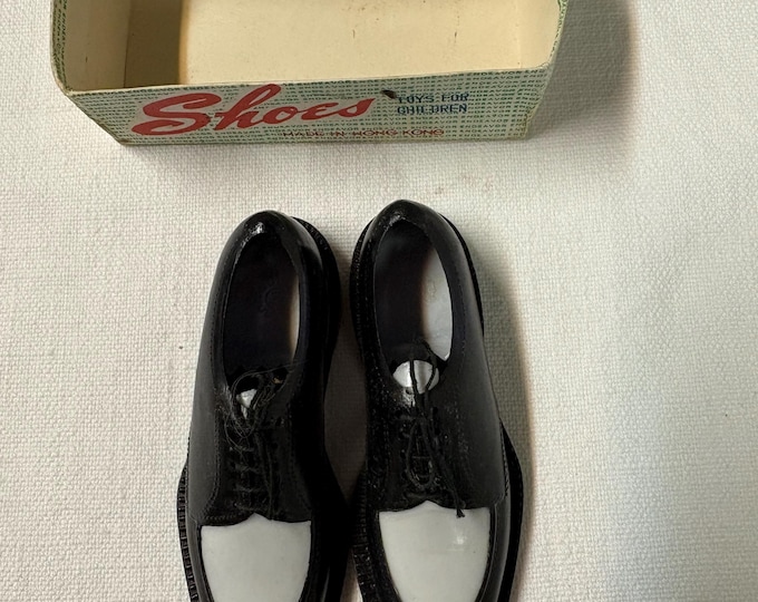 Vintage Mens Doll Shoes, Black White Plastic, Endeavor No. 226, Hong Kong 1950