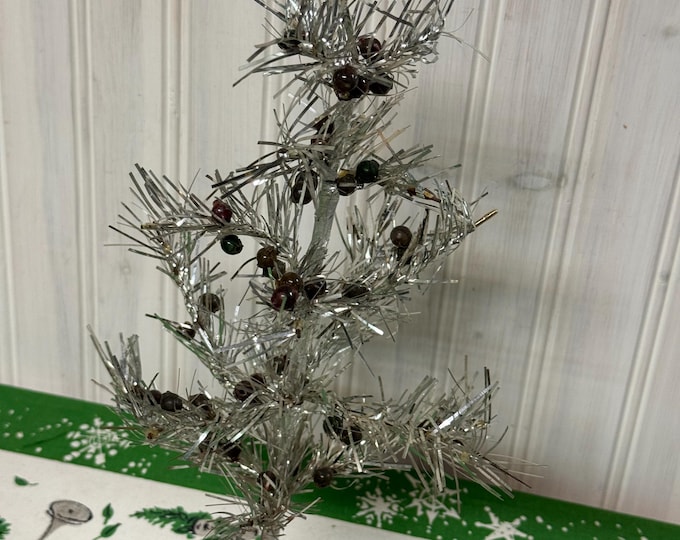 Vintage Silver Tinsel Tree with Mercury Beads:  12”, Japan