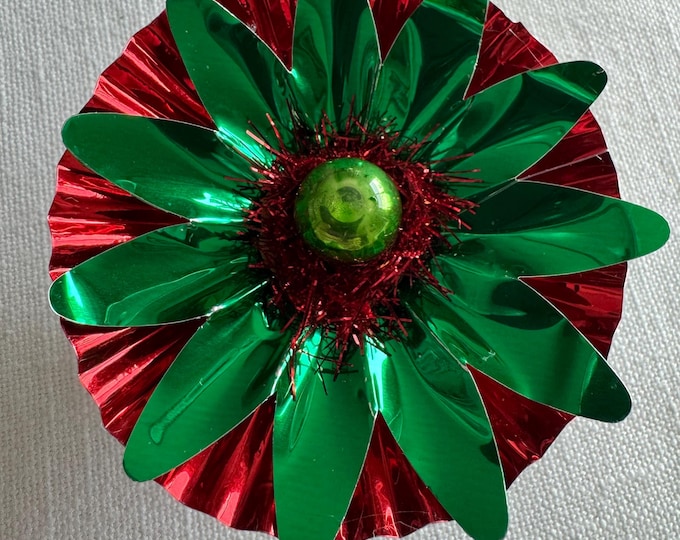 Handmade Vintage Green & Red Christmas Reflector Clip: Mercury Glass Ornament, Tinsel, 3 1/4"