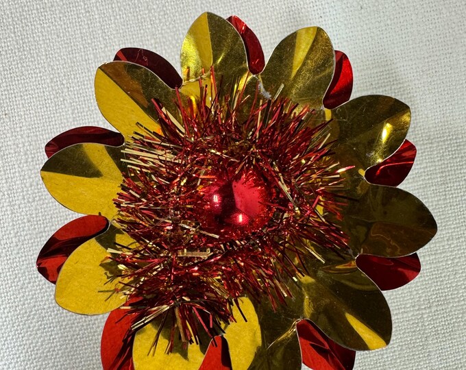 Handmade Vintage Gold & Red Christmas Reflector Clip: Mercury Glass Ornament, Tinsel, 3 1/4"