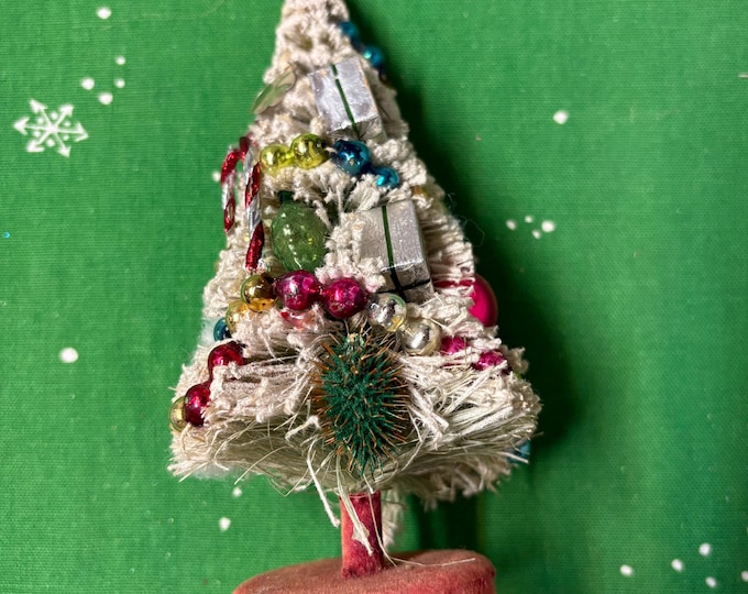 Vintage Flocked Bottle Brush Tree: Decorated Sisal, Red Base, Japan 1950s