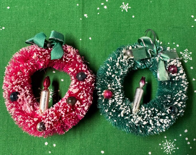Two Vintage Bottle Brush Wreaths: Snow, Mercury Candle, Green Bow, Japan