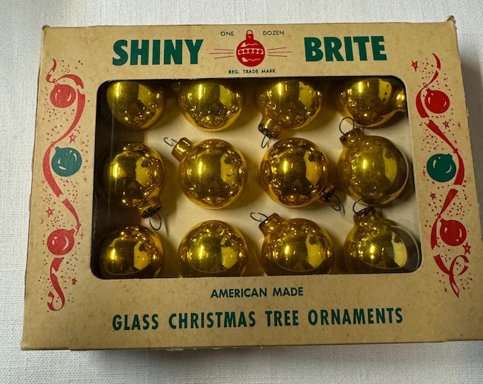 Vintage NOS Box of 12 Gold Shiny Brite Christmas Ornaments: 1 1/2 “, 1963