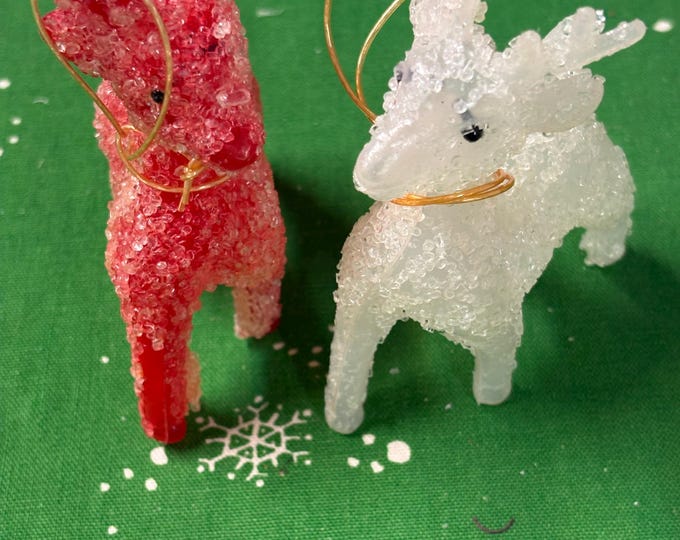 Vintage Two Plastic Sugared Reindeer Ornaments, Japan,