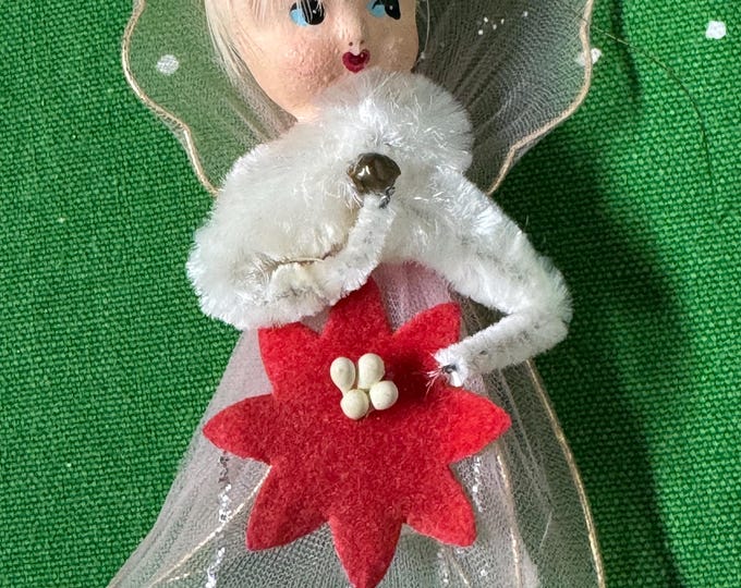 Vintage Pink Tulle Angel Holding a Poinsettia, 1950
