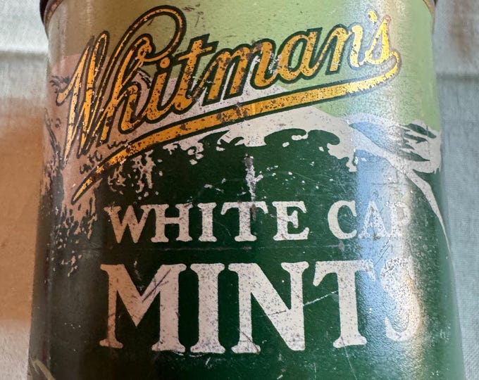 Vintage Whitman's White Cap Mints Tin: 8 oz, Philadelphia, 1940