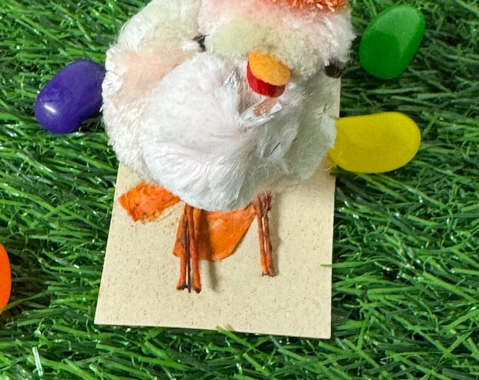 Vintage NOS Chenille Chick: Orange Tinsel Hat, Silver Bowtie, 1940s, Japan, Easter Decor